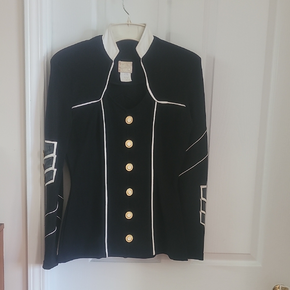 Vintage Chic Black Knit and White Leather Blazer with Gold Accents